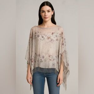 Elie Tahari Sheer Silk Poncho, floral print, boat neck, silver beaded hem, Small